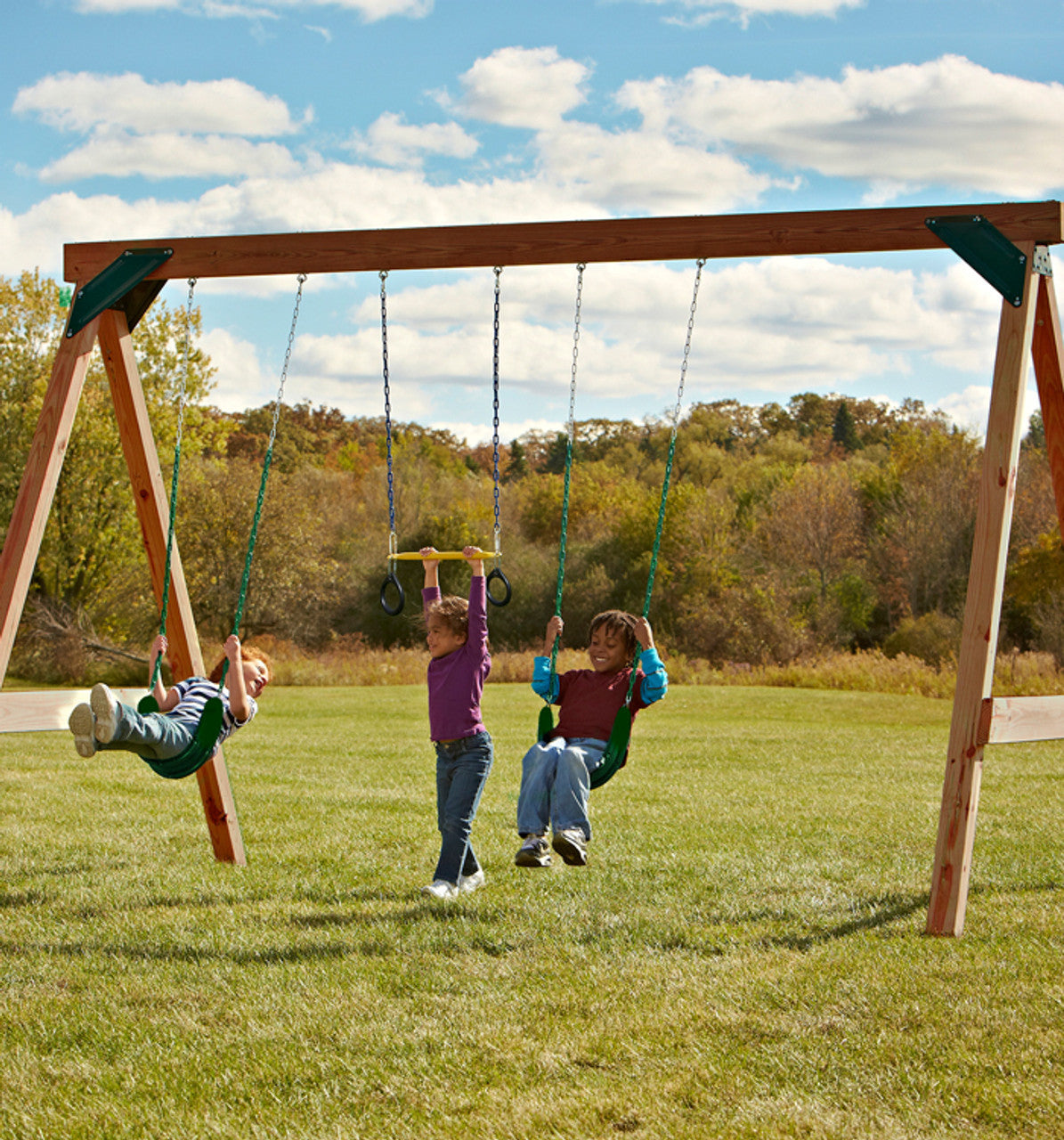 Lifestyle of kids playing on the Scout custom swing set