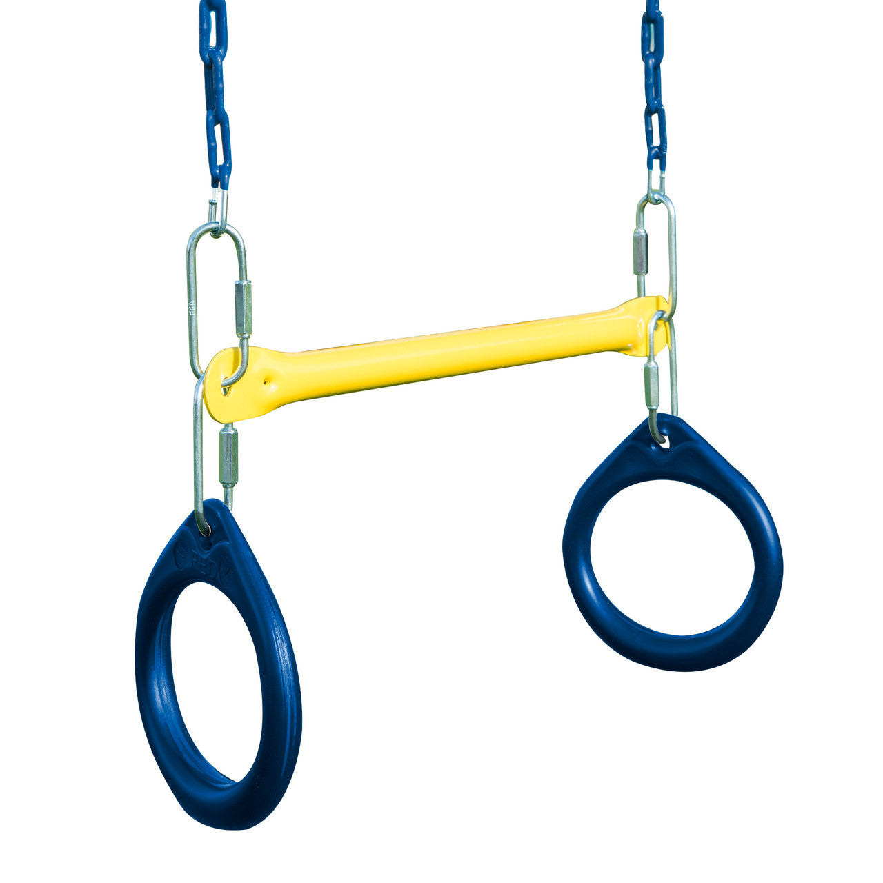 Outdoor blue and yellow trapeze rings