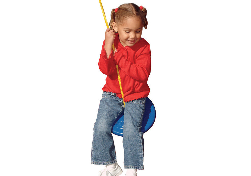 Studio view of girl playing on Blue Shooting Star Swing from Gorilla Playsets