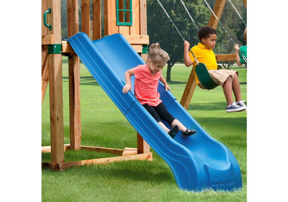 Lifestyle shot of Blue Summit Slide from Gorilla Playsets