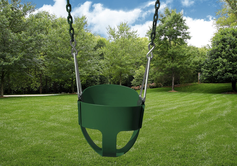 Outdoor shot of Green Full Bucket Toddler Swing from PlayNation.