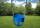 Outdoor shot of Blue Full Bucket Toddler Swing from PlayNation.