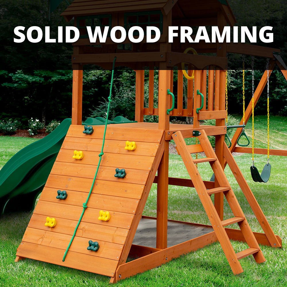 Outing II w/ Trapeze Arm Wooden Swing Set | Kid's Wooden Playsets