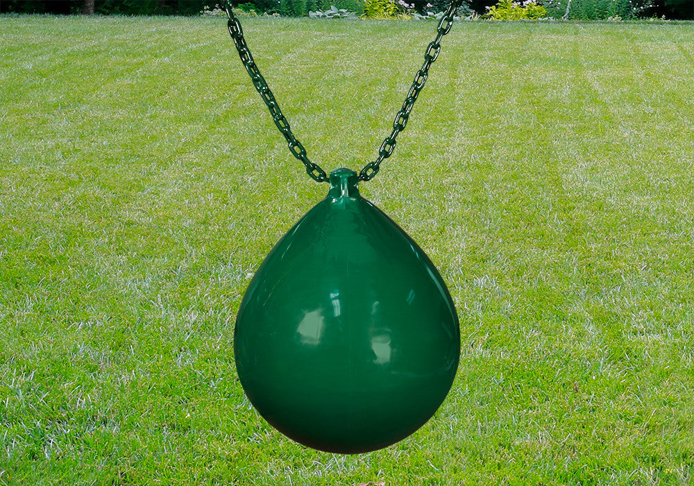 Outdoor shot of green Buoy Ball w/ Chain and Spring Clips from PlayNation.