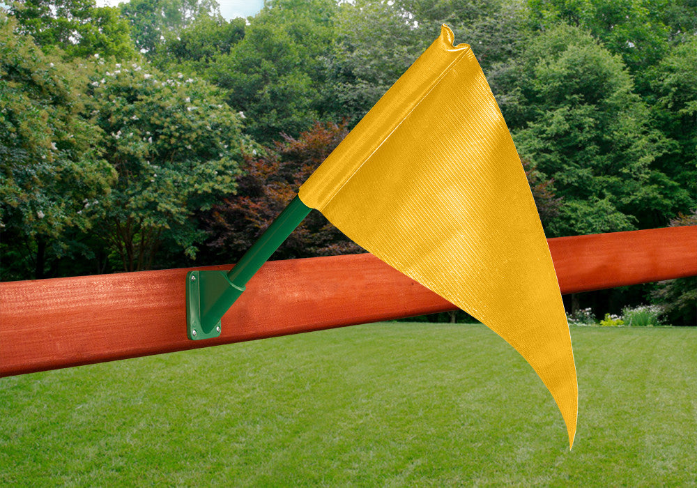 Outdoor shot of yellow Playset Flag Kit from PlayNation.