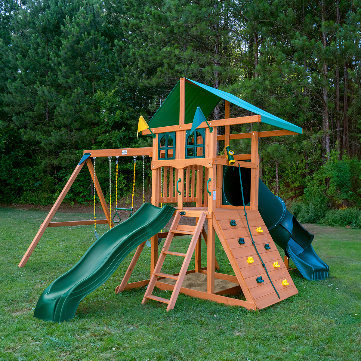 Outing II w/ Tube Slide Wooden Swing Set | Kid's Wooden Playsets
