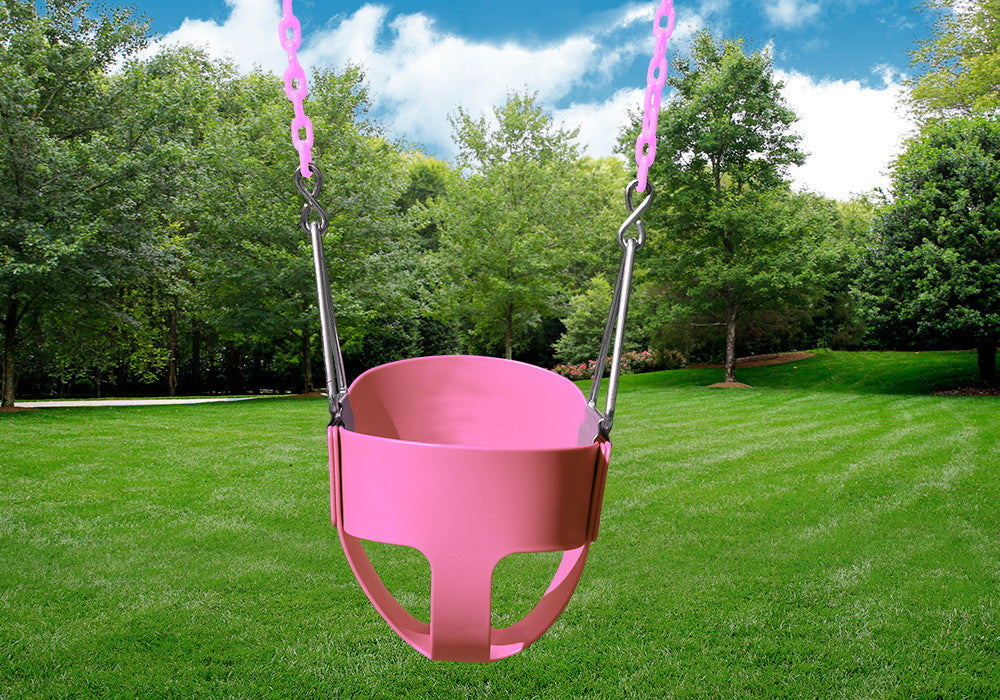 Outdoor shot of Pink Full Bucket Toddler Swing from PlayNation.